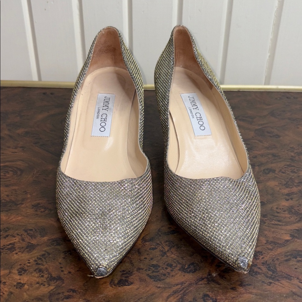 Jimmy Choo Metallic Gold Kitten Heels Pointed Toe Pumps Size 8.5 EU 38.5 - Picture 2 of 8